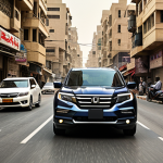 **

*   A Honda Pilot driving through a busy city street in the Middle East, showcasing the vehicle's maneuverability and practicality in an urban environment. Capture the vibrant city life in the background.

**