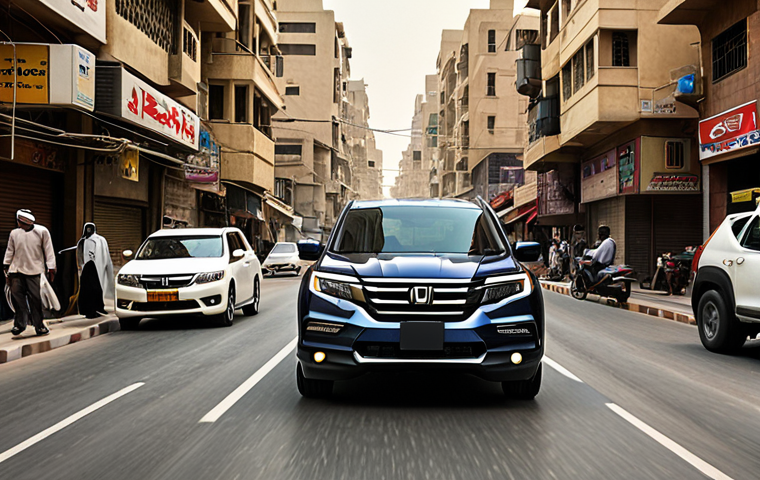 **

*   A Honda Pilot driving through a busy city street in the Middle East, showcasing the vehicle's maneuverability and practicality in an urban environment. Capture the vibrant city life in the background.

**