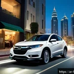 혼다 HR V의 최신 안전 기능 - A sleek Honda HR-V driving through a busy urban street at dusk in a Middle Eastern city, featuring a...