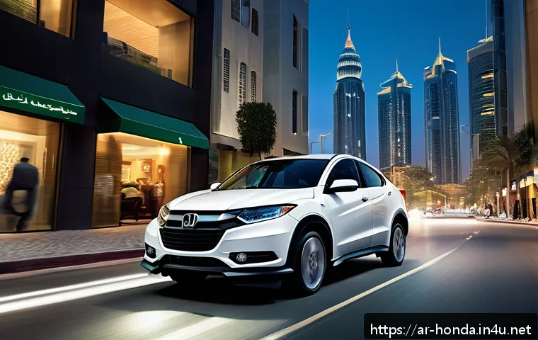 혼다 HR V의 최신 안전 기능 - A sleek Honda HR-V driving through a busy urban street at dusk in a Middle Eastern city, featuring a...