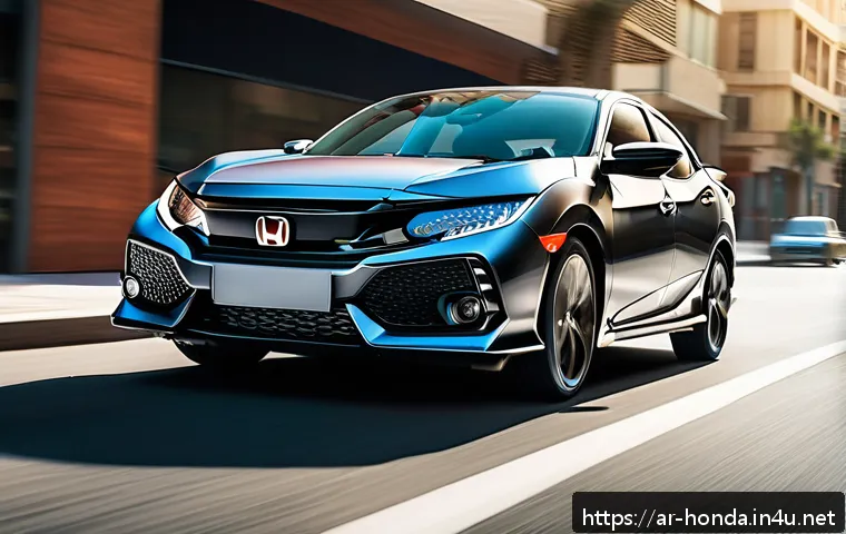 혼다 시빅 스포츠 모델 주행 성능 - A sleek Honda Civic Sport driving smoothly through a bustling Middle Eastern city street during the ...