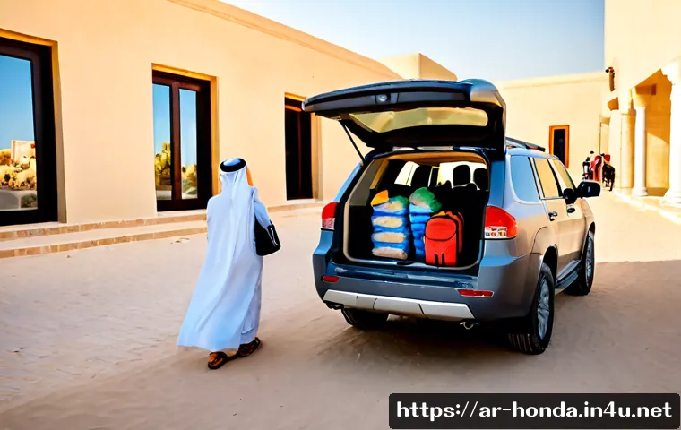 혼다 CR V의 패밀리카 장점 - Photorealistic modern family SUV with no visible badge or logo, parked beside a spacious Middle East...